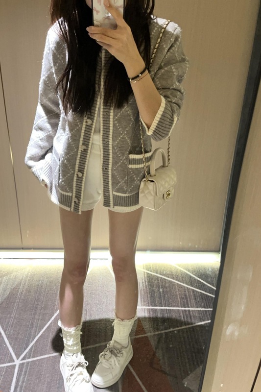设计感菱格毛衣外套女春秋韩系灰色慵懒高级感中长款开春针织开衫|undefined