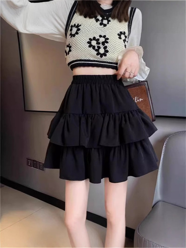 Black Puff Cake Skirt Women's Summer New Elastic High Waist Slimming Petite Anti-See-Through A-Line Mini Skirt
