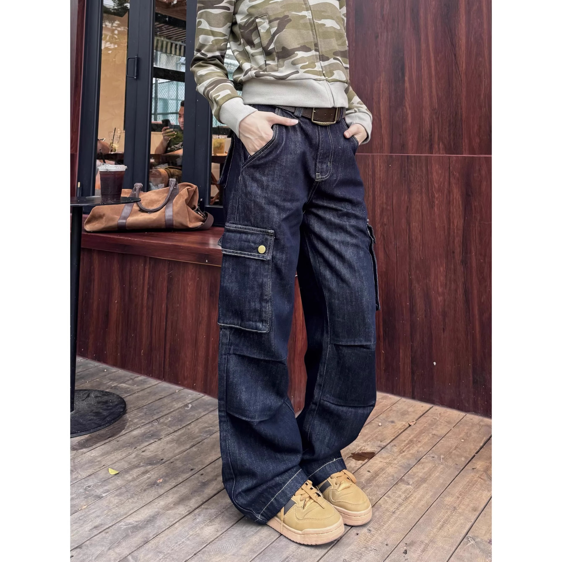 American-style Trendy Retro Loose Straight Multi-pocket Tooling Jeans Women's Wide-leg High-street cleanfit Trendy Trousers