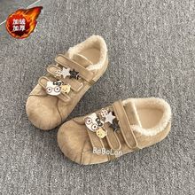 小众原创红色加绒魔术贴Kitty帆布鞋女2025新款冬季一脚蹬懒人鞋