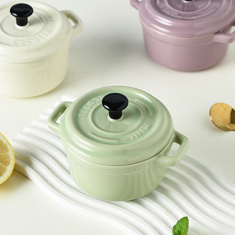 Ceramic double-ear small soup bowl household steamed egg bowl with lid baking shufulei dessert bowl oven special baking bowl