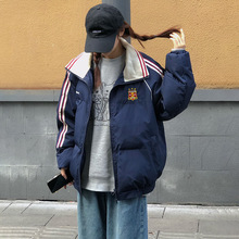 美式条纹设计感拼接羽绒棉服女2025冬新款学院风学生加厚棉衣外套