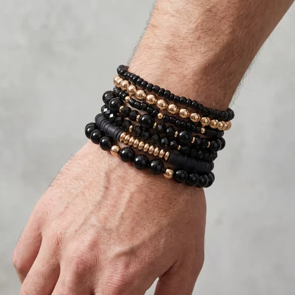 Cross-Border Vacation Style Stacked Vintage Men's Bracelets, European and American Fashion Elastic Beaded Crystal Seed Bead Bracelets, Set of 7