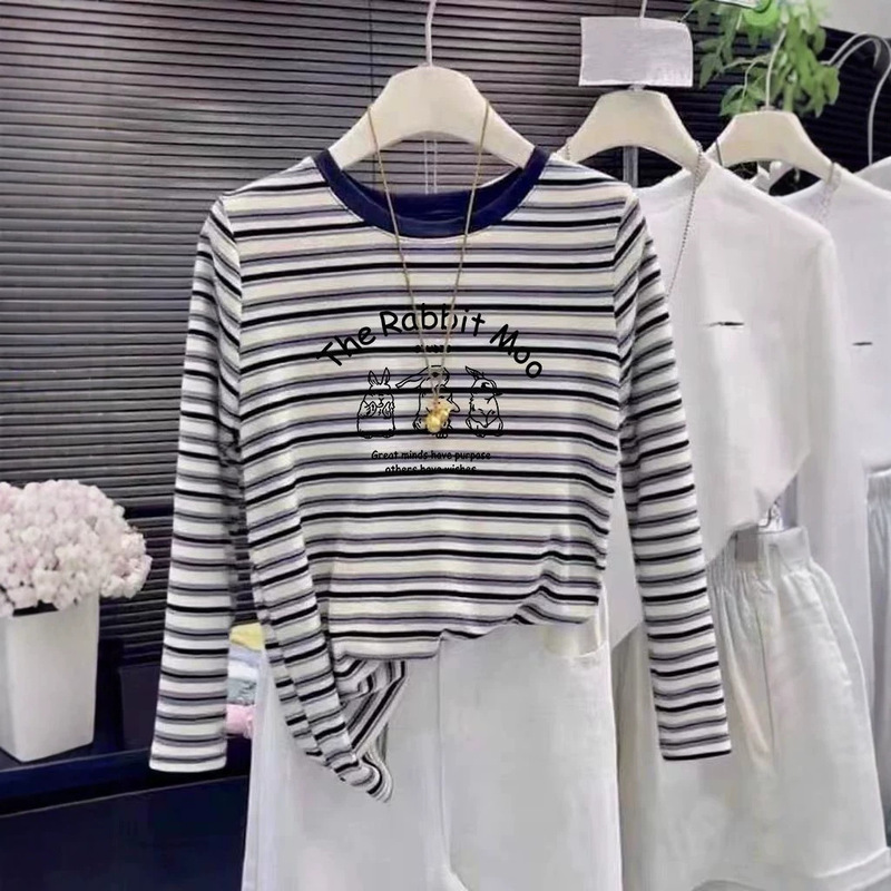 Stylish striped pure cotton long-sleeve t-shirt for women, Korean fashion versatile slim-fit top, base shirt for autumn and winter 2026 Stylish striped pure cotton long-sleeve t-shirt for women, Korean fashion versatile slim-fit top, base shirt for autumn and winter 2026