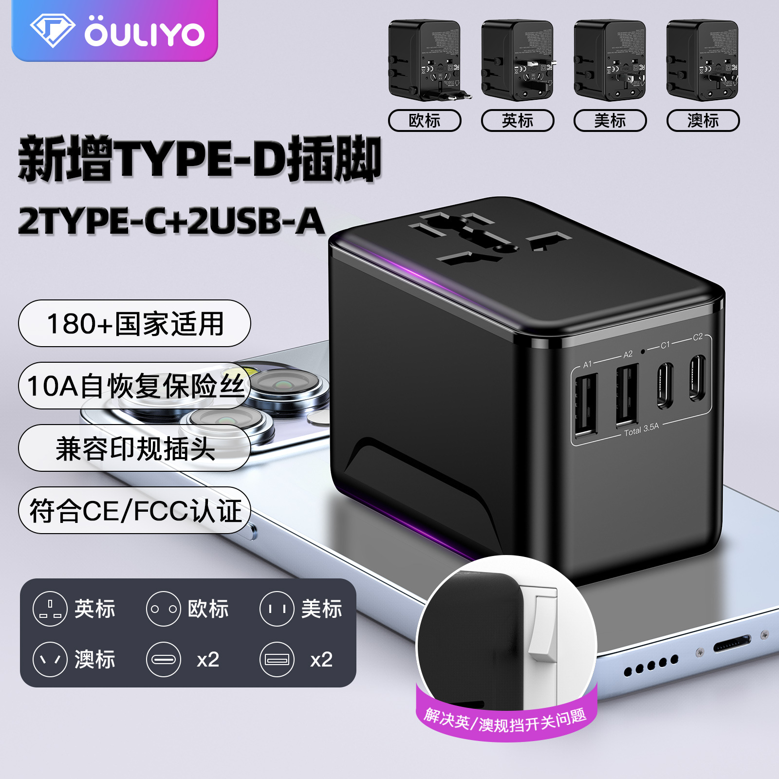 通用Type-D转换插座2A2C转换头多功能旅行欧英规美规氮化镓转换插