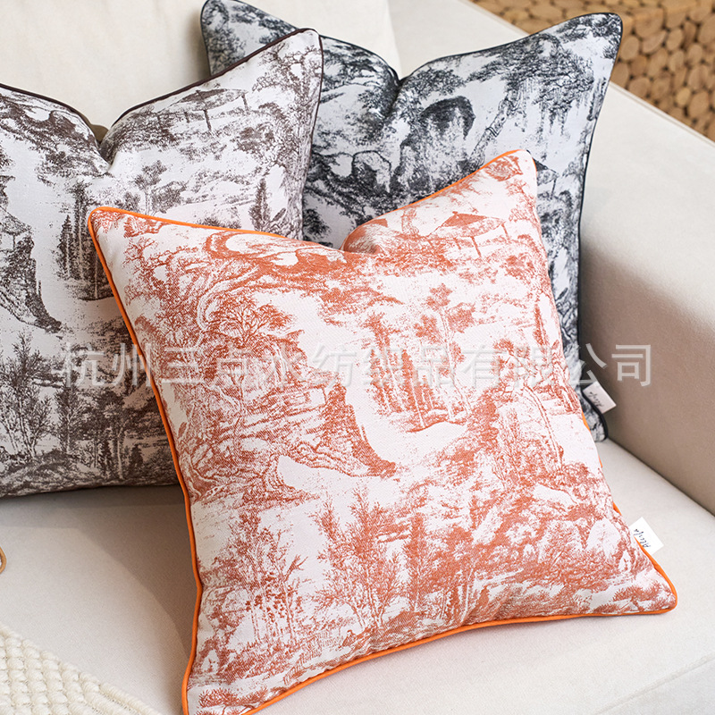 Vintage-Style Living Room Sofa Cushion Cover, New Chinese-Style Villa High-End Cushion Model Room Soft Decoration Pillow Lumbar Pillow Satin
