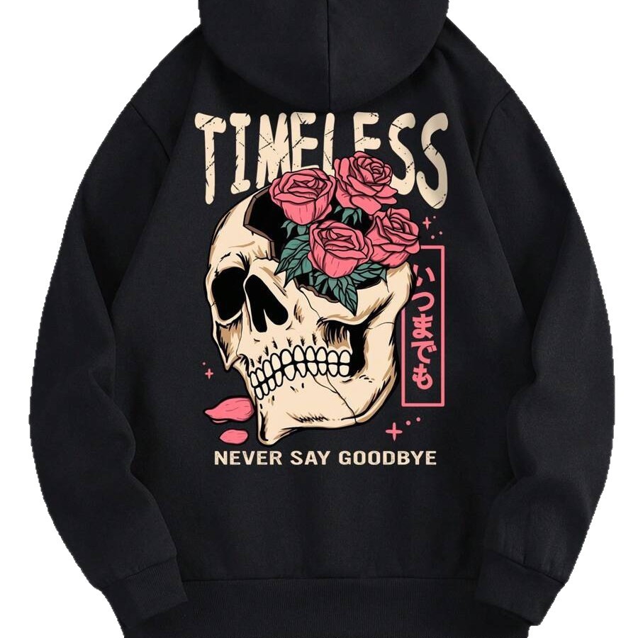 Felpa con cappuccio spessa, nuova, autunno inverno, versatile, ampia, con stampa floreale e teschio, per donna_voghion.com