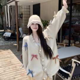 秋冬设计感新款甜美减龄立体蝴蝶结毛衣女2025木耳边宽松针织外套