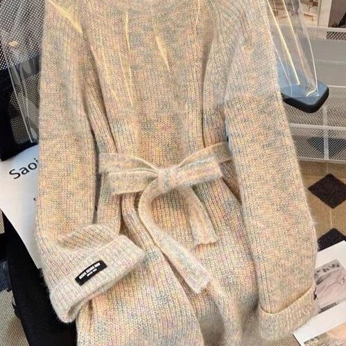 Lazy Style Autumn and Winter Mid-Length Knitwear Dress Large Size Loose Lace-Up Waist Knitwear Bottoming Skirt Top for Women