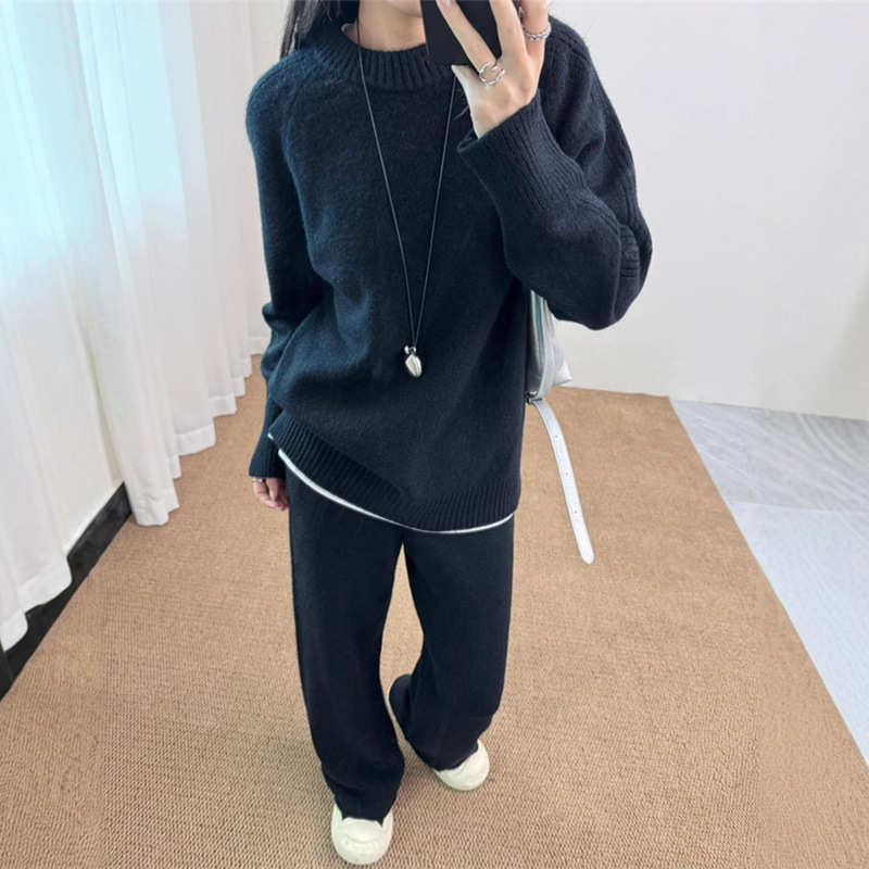 跨境外贸针织套装女秋冬新款慵懒风时尚休闲圆领毛衣阔腿裤两件套|undefined