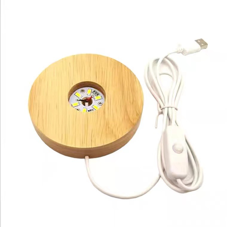 Kauçuk ahşap aydınlık kristal taban USB arayüzü 5V anahtarı aydınlık taban gece lambası masif ahşap yuvarlak lamba tutucu