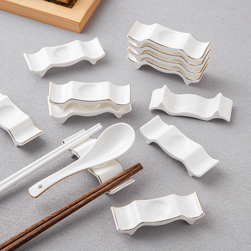 Ceramic Chopstick Holder for Hotel and Club Table Setting, Light Luxury Tableware, Pure White with Gold Rim, Dual-Purpose Ceramic Chopstick and Spoon Holder Ceramic Chopstick Holder for Hotel and Club Table Setting, Light Luxury Tableware, Pure White with Gold Rim, Dual-Purpose Ceramic Chopstick and Spoon Holder