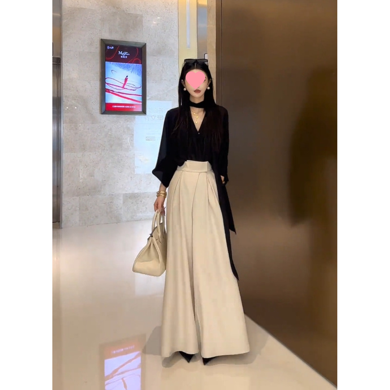韩系感休闲套装女春季新款飘带衬衫垂感阔腿裤两件套女装|undefined