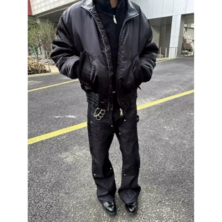 美式高街vibe风复古黑色涂层刷蜡街头阔腿微喇叭拖地小众牛仔裤男