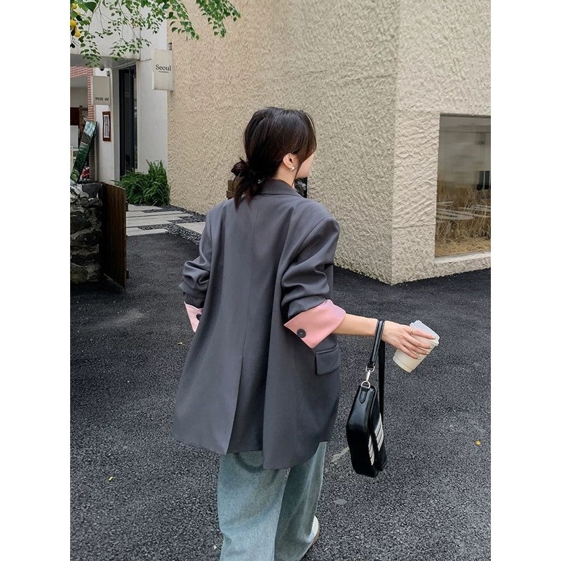 灰色时尚拼接撞色西装外套女春秋2025新款休闲宽松气质高级感西服|undefined
