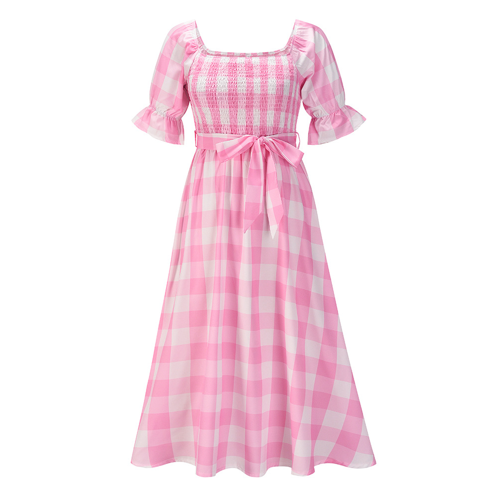 Slim puff-short sleeve square neck lace-up plaid dress NSHYG118150