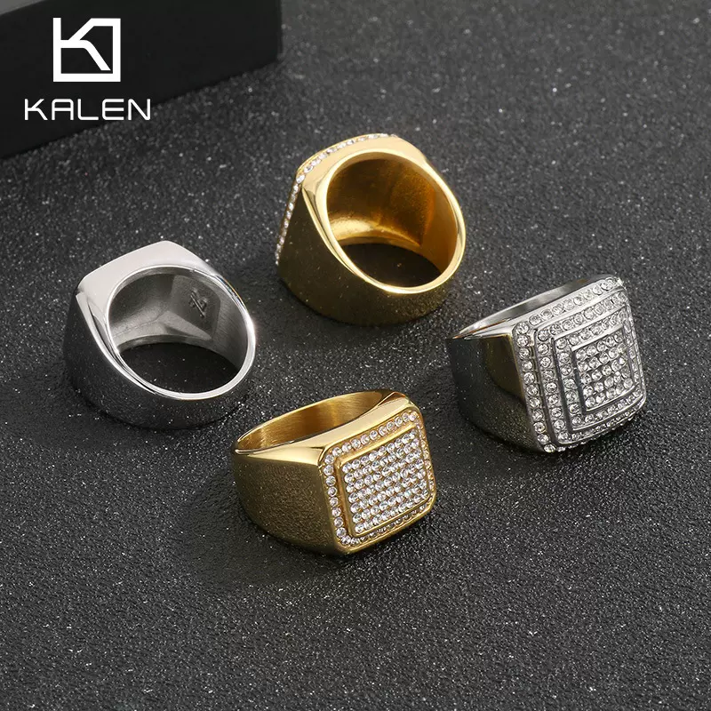 卡轮新款嘻哈方形指环 欧美时尚奢华真空电镀满钻钛钢男士戒指