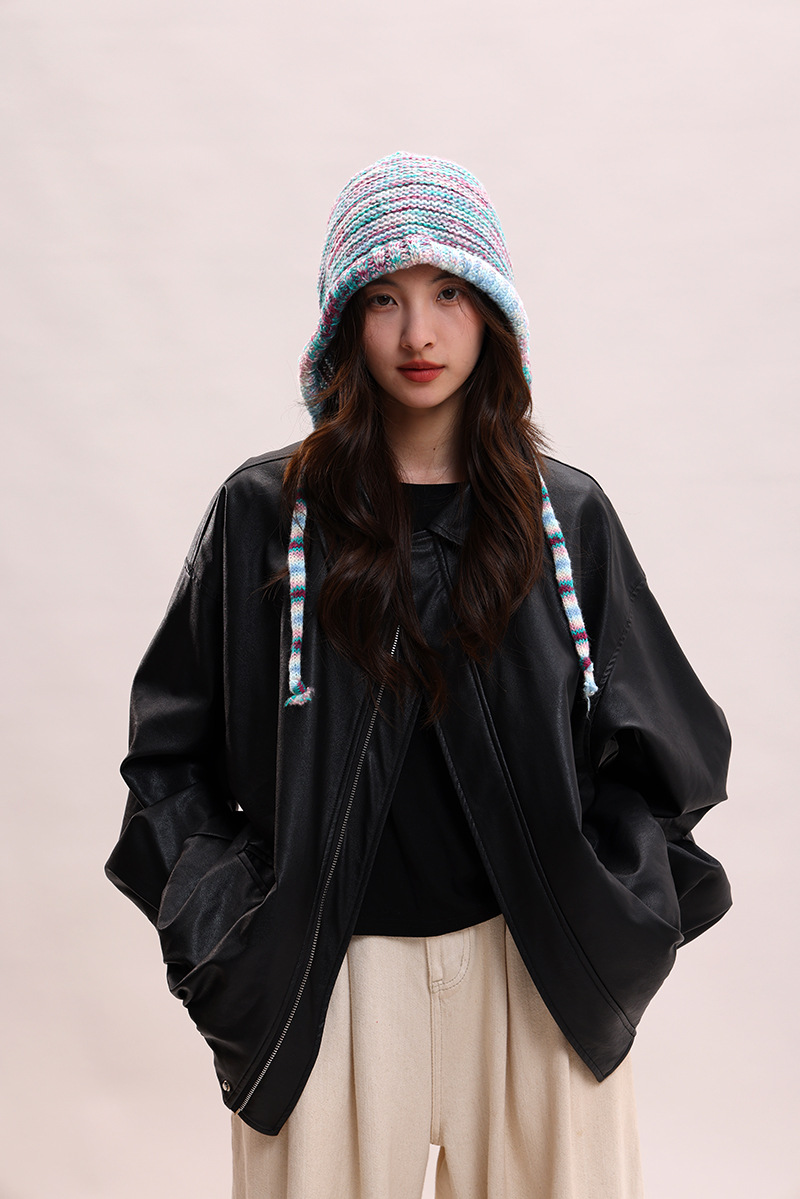 Cappelli di lana autunnali e invernali per bambini, colori arcobaleno a contrasto per mettere in mostra il viso, piccola borsa con testa carina legata con corda_voghion.com