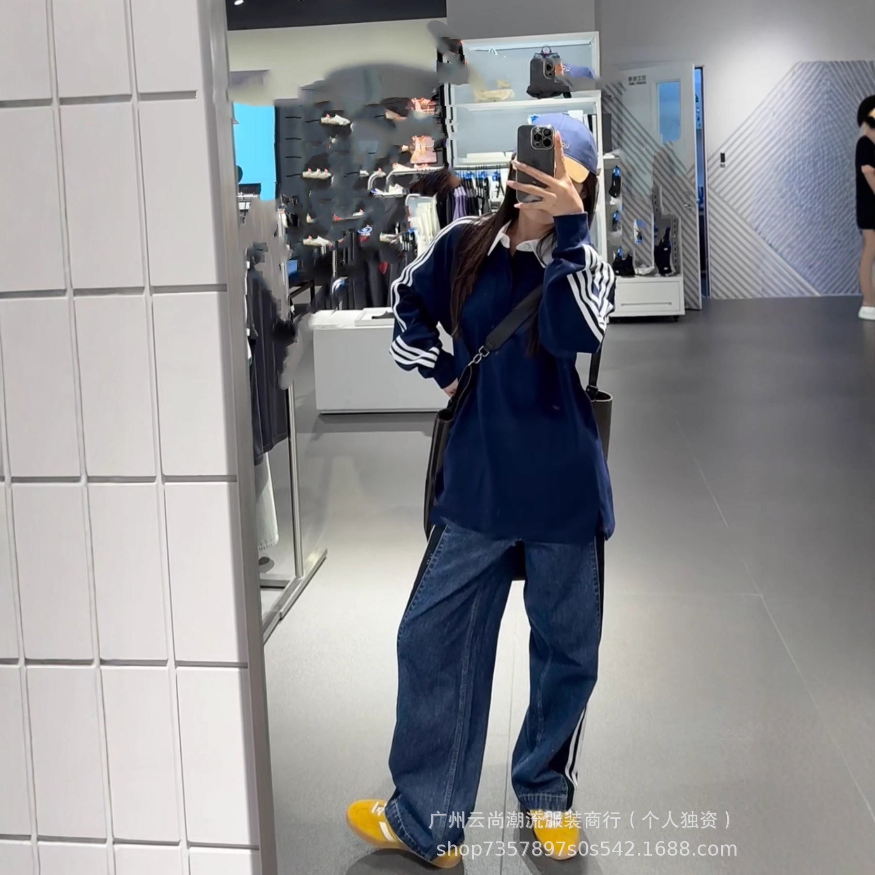 迪家三叶草拼接牛仔阔腿裤 经典三条纹潮牌高腰宽松显瘦直筒长裤