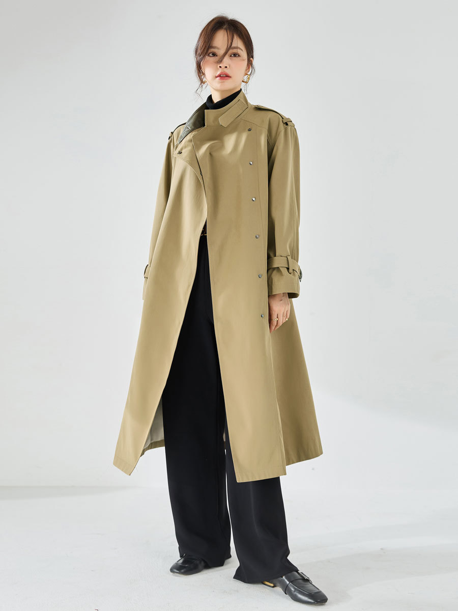 25 Autumn New Handsome Stand Collar Smooth and Not Easy to Wrinkle Velvet Feeling Leather Commuting Casual Mid-Length Windbreaker Jacket 23066