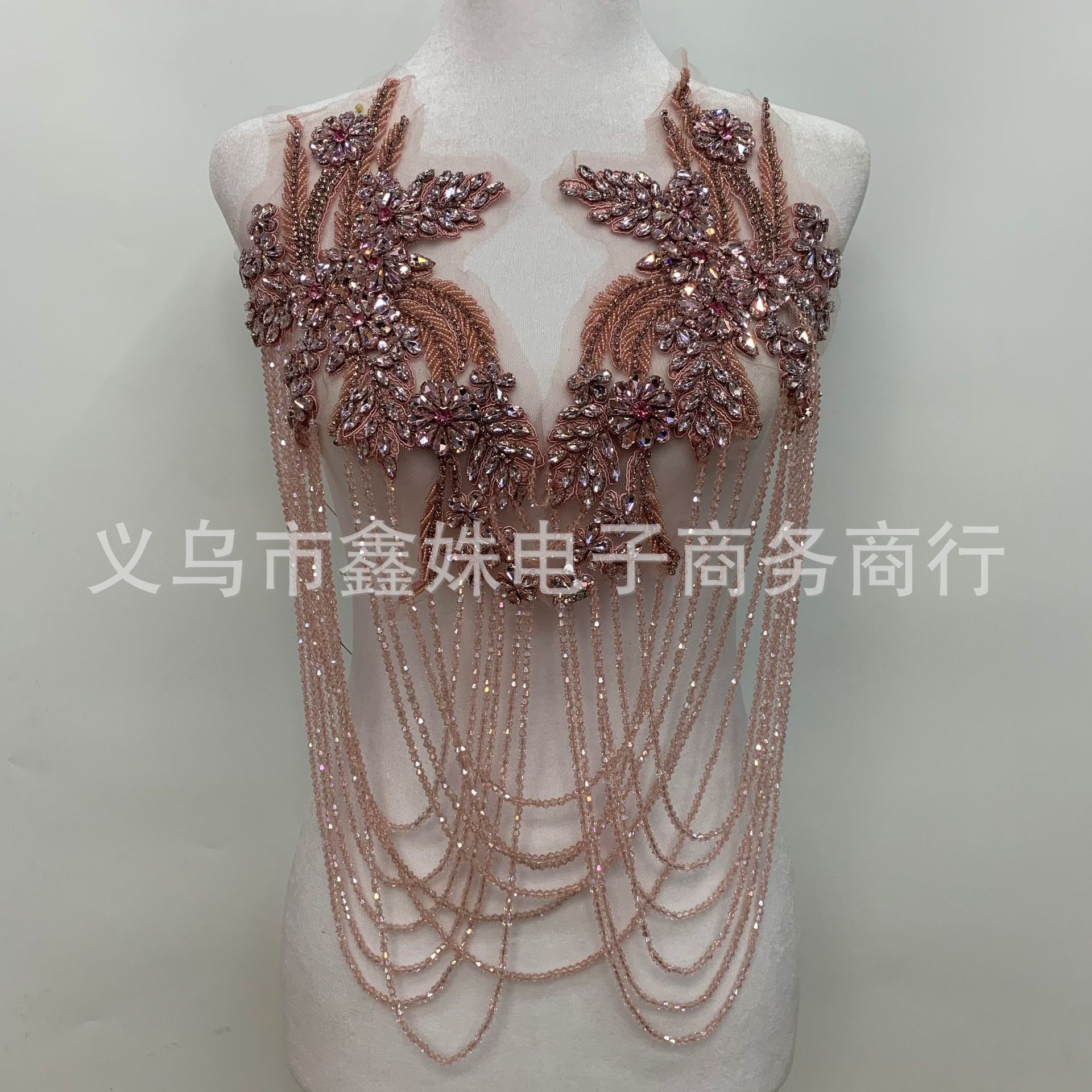 水红手工串珠流苏肩饰 婚纱礼服手工银色蕾丝贴花