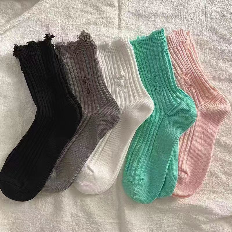 Vintage Distressed Mid-Calf Socks Summer Color Retro Trendy Cute Black and White Unisex Cotton Socks Wholesale