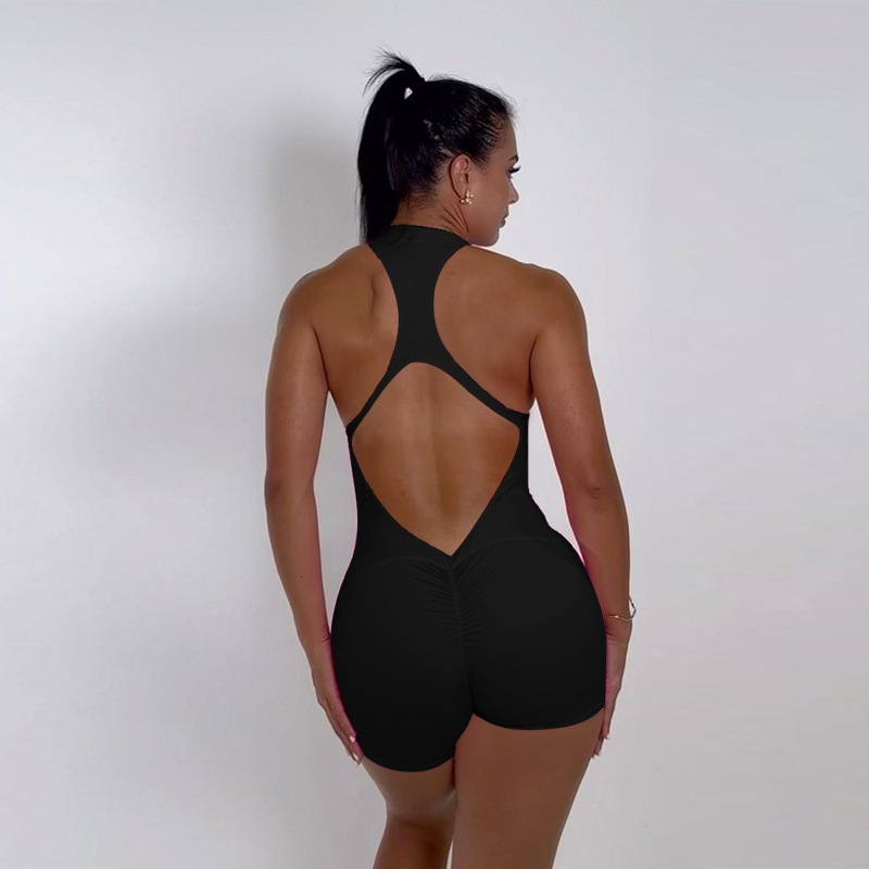YL25070 Pantalones cortos de una pieza de secado rápido europeos y americanos para mujer, pantalones de yoga con cremallera ajustada hueca chica caliente