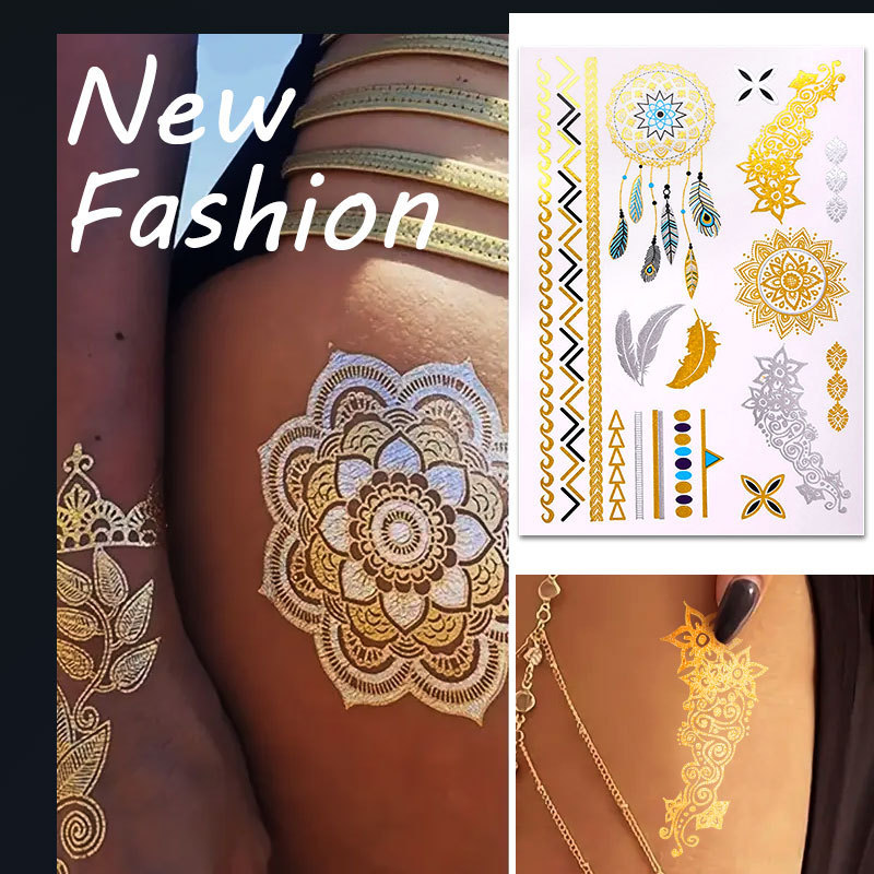 Cross-border European and American tattoo stickers waterproof bronzing disposable temporary tattoo metal retro tattoo Amazon wholesale