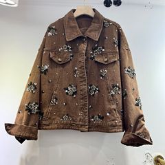 重工のスパンコールのデニムのコートの女性の潮2025新型の秋の服装はゆったりしていて、やせているヨーロッパ駅は古い長袖のジャケットをします。