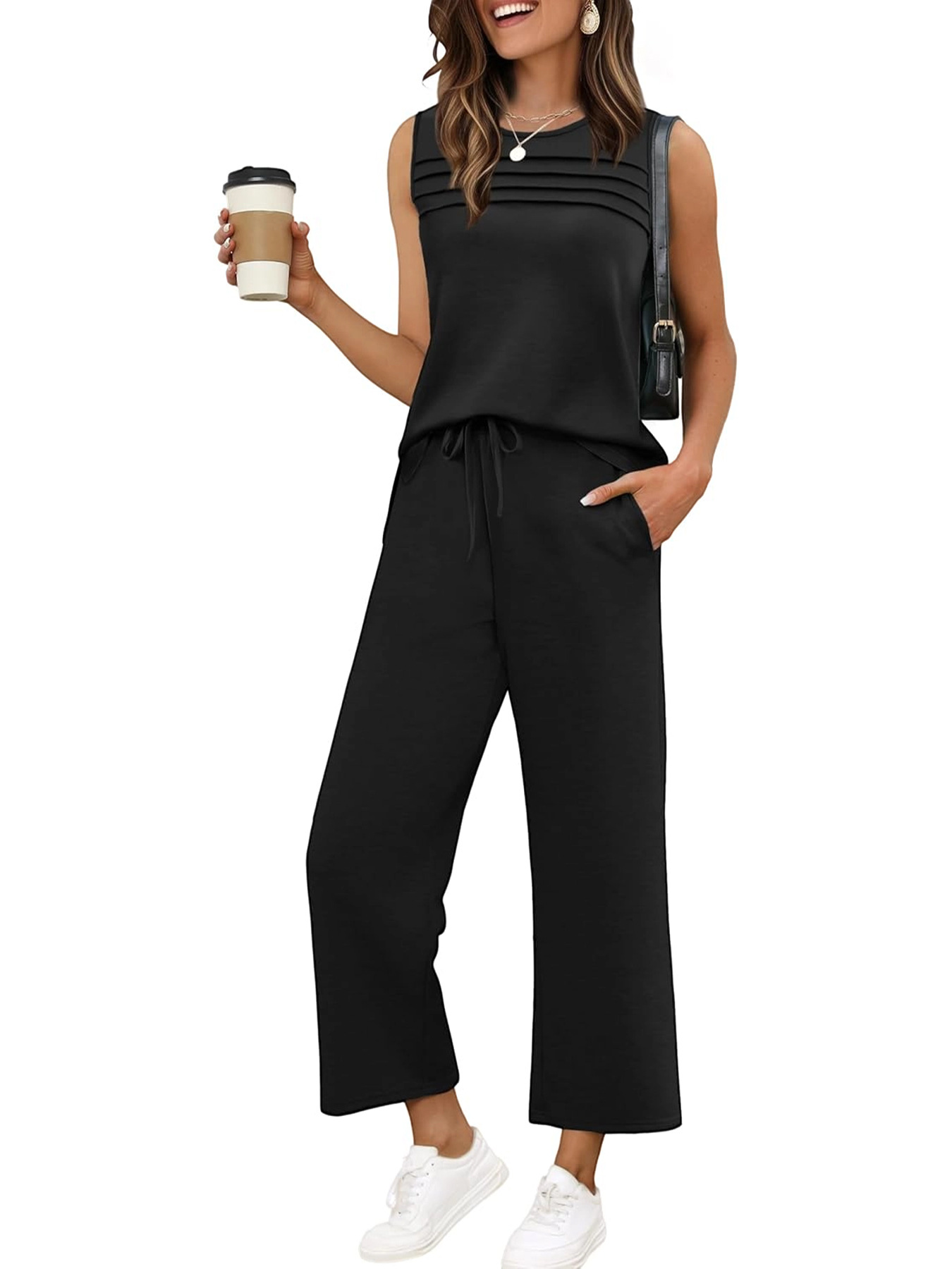 Sleeveless Hoodie & Pants Set For Women, Loose Fit Casual Jogger Outfit, Waffle Knit Cropped Top And Lounge Shorts Two Piece_ecoleips.com