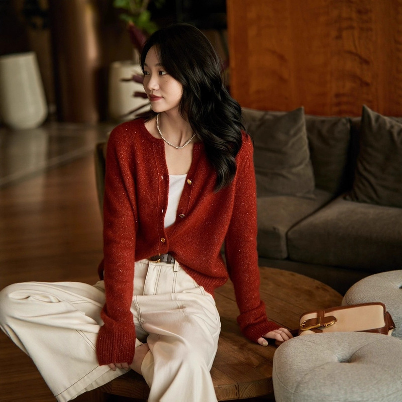 Autumn and Winter New Style Gold Bean Yarn All-Wool Knitted Jacket Casual Simple Versatile Cardigan