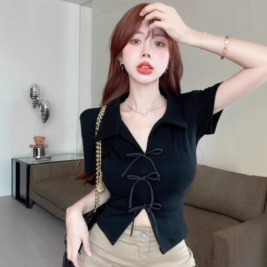 Ins Pure Desire Spice Girl Bow Polo Collar Short-sleeved T-shirt Women's Summer Design Sense French Short Base Short-sleeved Top