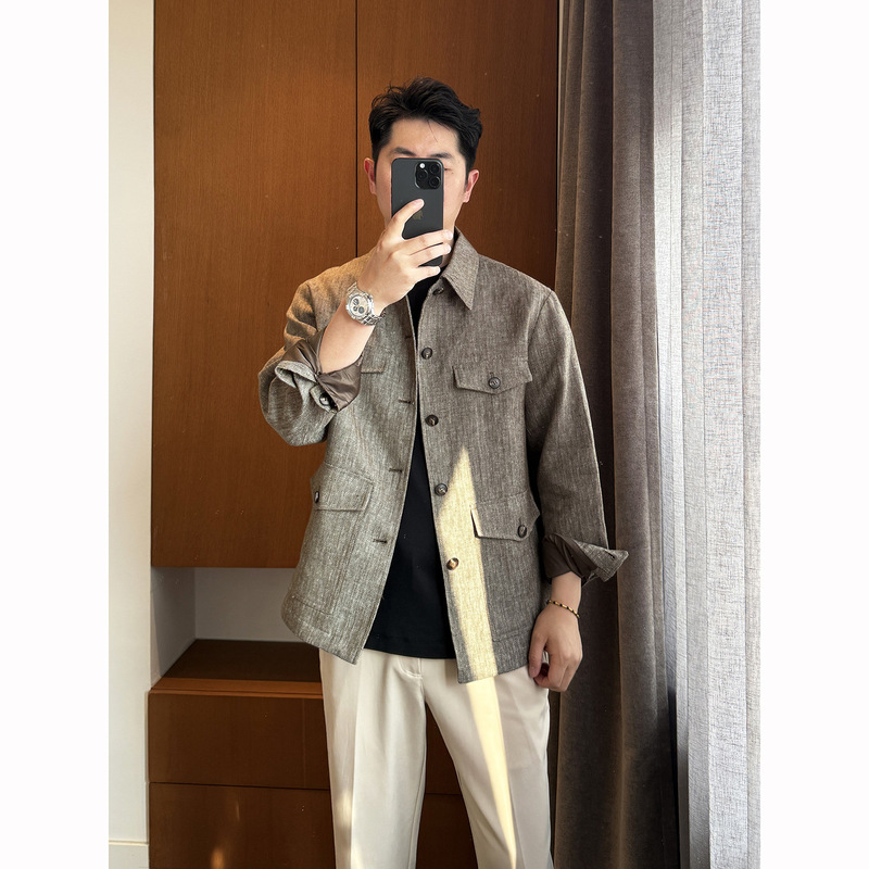 [Lp Version] High-End and Fashionable! Linen Cotton Loose Casual Lapel Multi-Flap Pocket Pants Men's Business Casual Jacket