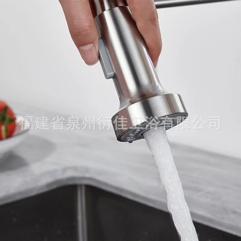 Spring-pull kitchen stainless steel hot and cold water faucet, sink, dishwashing basin, household splash-proof dual water outlet mode head Item Picture