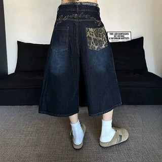 美式复古豹纹字母刺绣牛仔七分裤女夏季新款街头宽松显瘦阔腿中裤