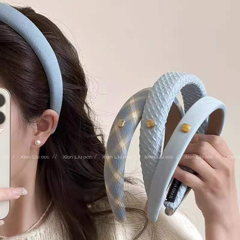 Diadema de esponja a cuadros azul, diadema de cabeza alta para mujer, diadema de cabeza alta, todo fósforo de verano, toalogas de horquilla para salidas diarias