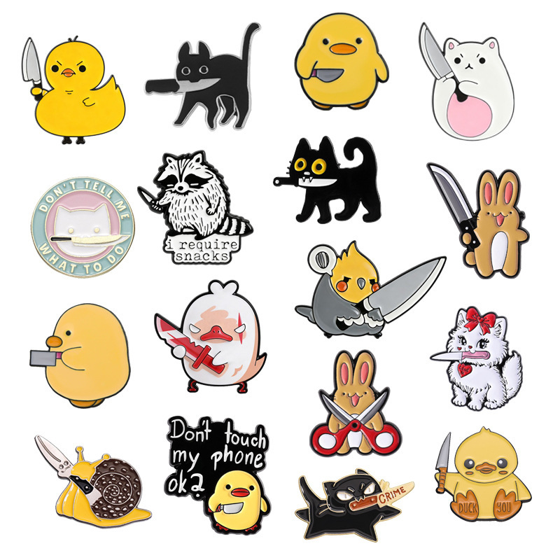 Funny little animal pin set with knives, cartoon quirky cat and duck accessories, versatile clothing decoration badge