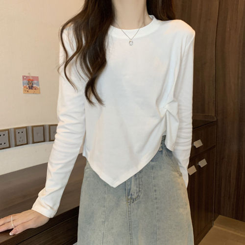 Women's Spring Large Size Fat Mm Tummy Covering Unstructured Long Sleeve T-Shirt, Stylish Short Length Straight Shoulder Top