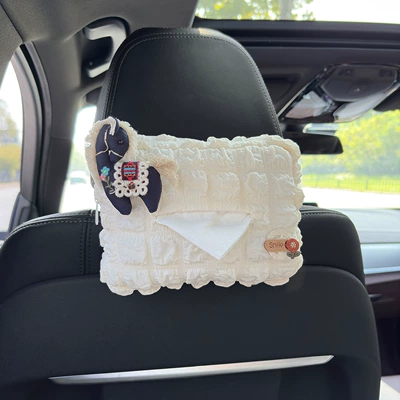 Back Napkin Bag Car Armrest – Car tissue box/set - navy-blue-pony-smile-flower-logo-puff-tissue-box