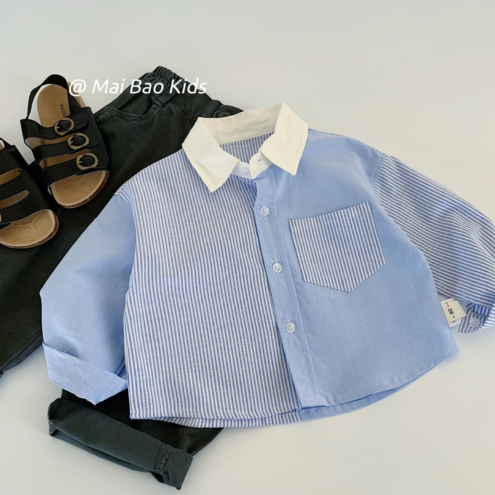 Camisas para niños Mai Bao 2025, nuevo otoño para hombres y mujeres, camisas de collar a rayas para niños, ropa de otoño coreana al por mayor