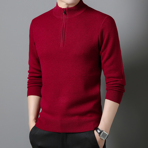 Woolen solid color sweater with zipper