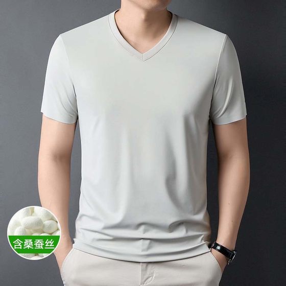 [with mulberry silk] high-end men's T-shirt short sleeve V-neck high-end casual Joker base shirt men's wholesale