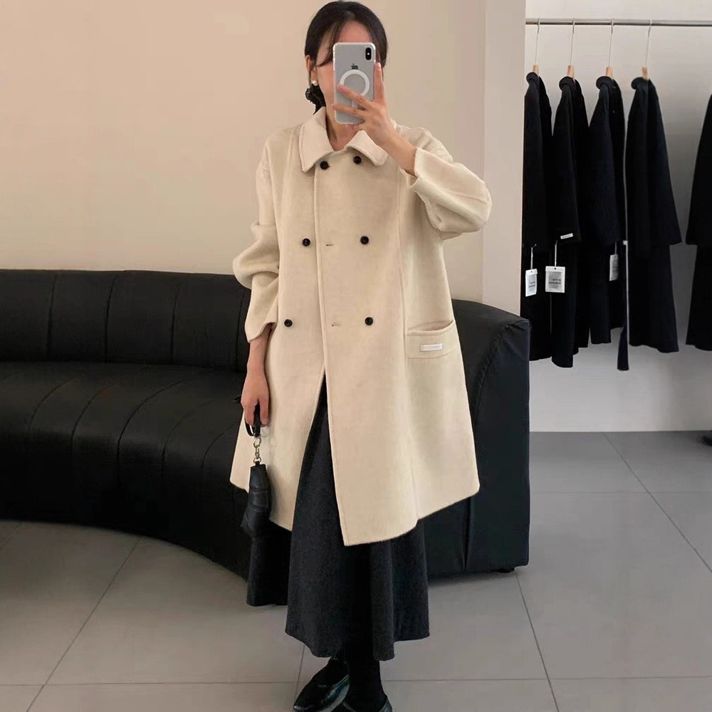 Korean Style High-End Outfit! 2025 New Autumn and Winter Loose Casual Double-Breasted Design Wool Double-Sided Woolen Coat