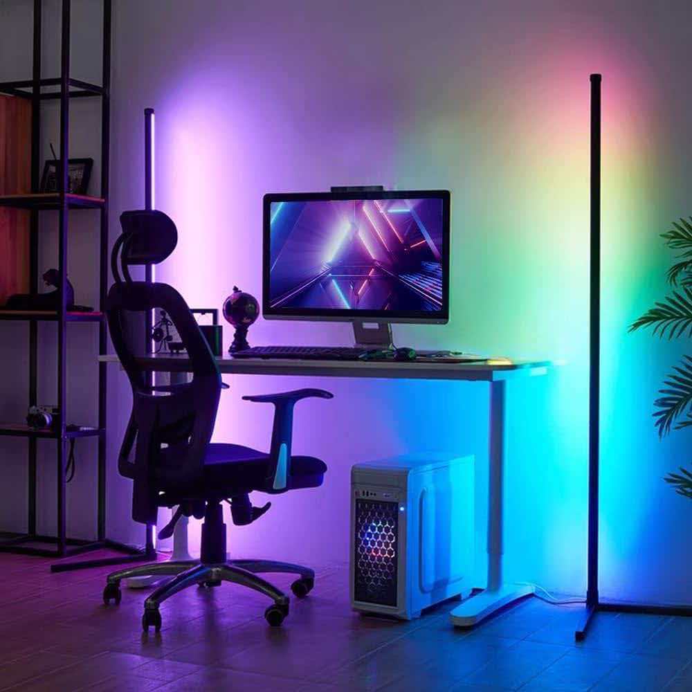 Lámpara LED de Pie de Esquina RGB de 3 Secciones con Control Remoto de 24 Teclas, Bluetooth y App, de Aluminio