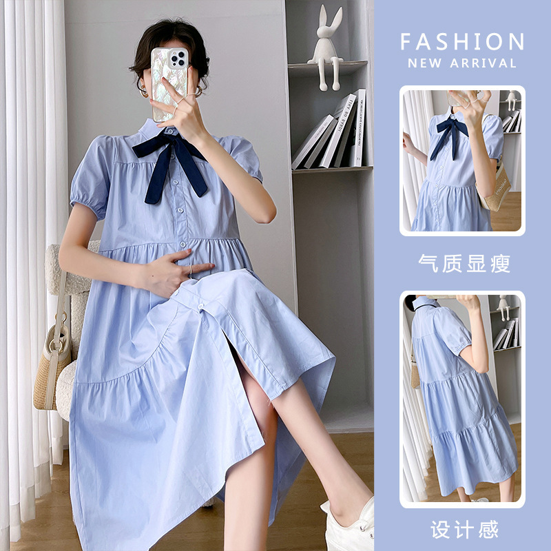 Pregnant women's summer clothes milk sweet salt sweet fashionable puff sleeve first love Princess shirt blue dress pregnant women's dress