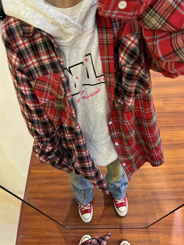 2025 Spring American Loose Retro Patchwork Plaid Long-Sleeve Casual Jacket for Women