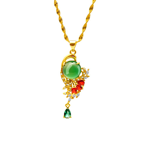 Fashionable influencer live streaming sand gold peacock green agate pendant for women, imitation 24k gold simple necklace accessories wholesale