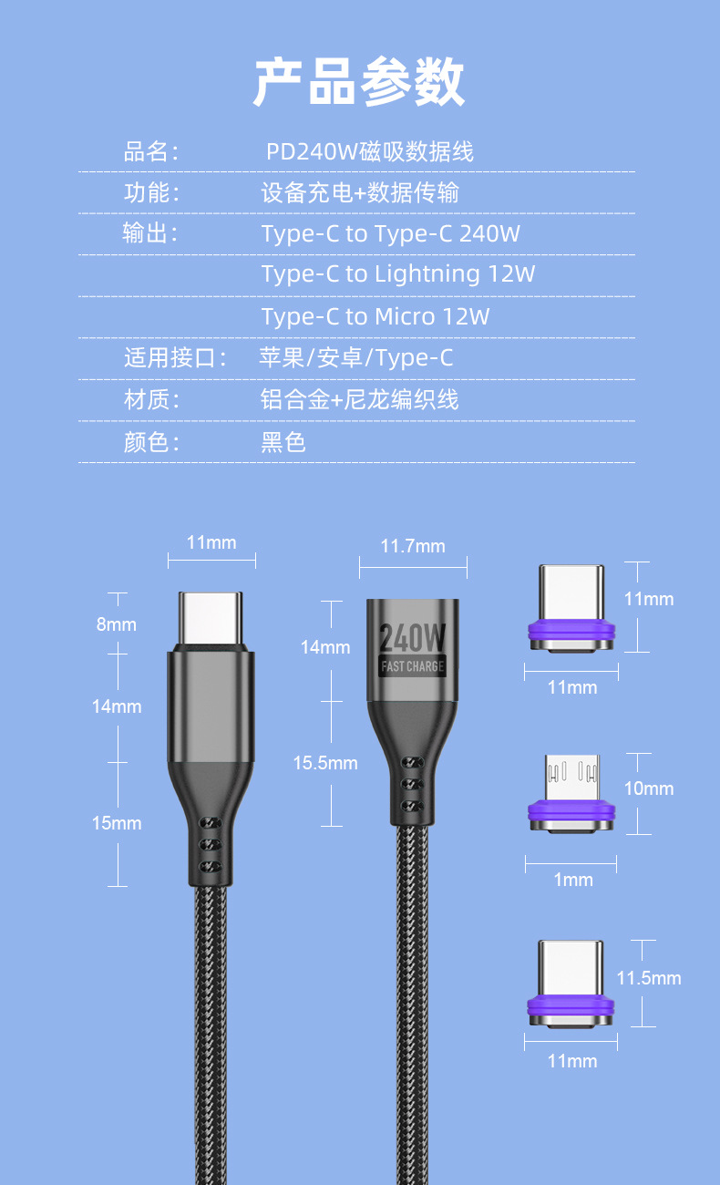 Magnetisches Schnelllade-Datenkabel 240W mit doppelter Typ-C-Schnittstelle PD-Schnellladekabel, kompatibel mit Android-, Apple- und Huawei-Mobiltelefonen