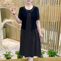 女性用フェイクツーピースドレス、夏用スリムロングスカート、大きいサイズ、中高年ママ、水玉半袖スカート、ミドル丈