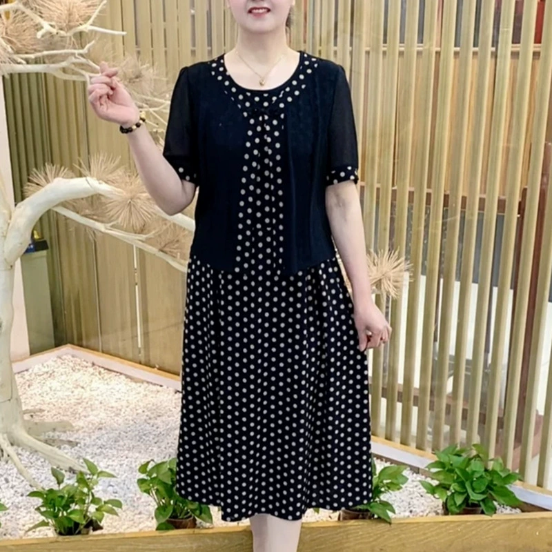 Женское платье из двух частей, летняя тонкая длинная юбка больших размеров для мам среднего и пожилого возраста, юбка средней длины с короткими рукавами в горошек